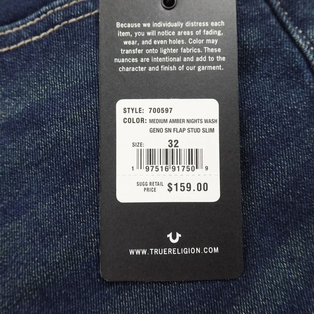 NEW True Religion Jeans Mens 32X32 Blue Denim‎ Pants Geno Relaxed Slim Straight
